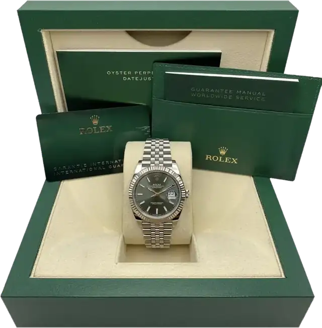 Rolex Datejust 41 mit grünem Zifferblatt und Jubilé-Band in der Originalbox mit Papieren